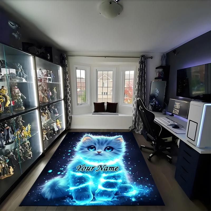 1PC Custom Name Blue Kitten Theme Floor Mat Ideal for Living Room, Game Rooms, Office, Bedroom, Office Floor Mat , Floor Mats for Home