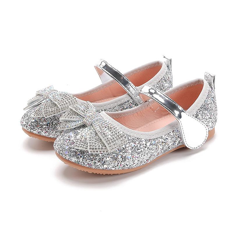 Детская обувь Универсальные стразы Блеск Розовый бант Классические туфли Мэри Джейн для девочек Застежка-липучка 2024 Лето Новая Мягкая детская обувь