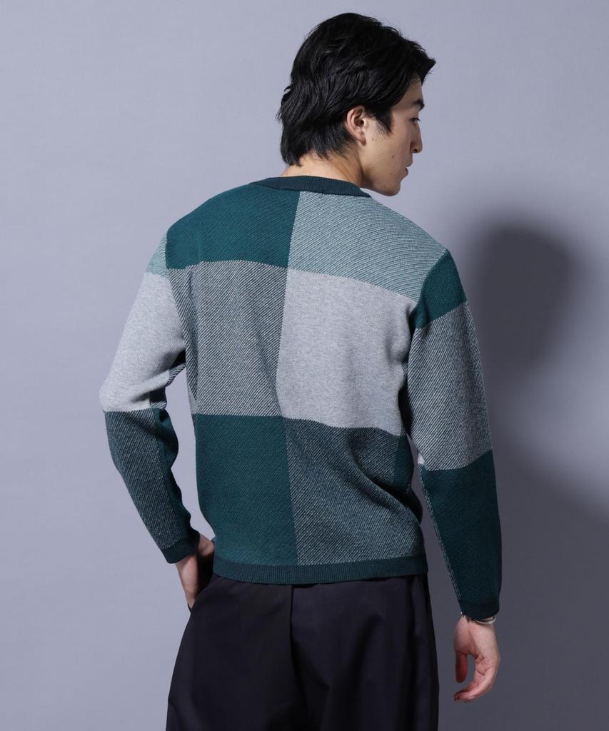 Nano Universe Block Check Crew Neck Size L Men's Knit, (140), Green, 672-5222209