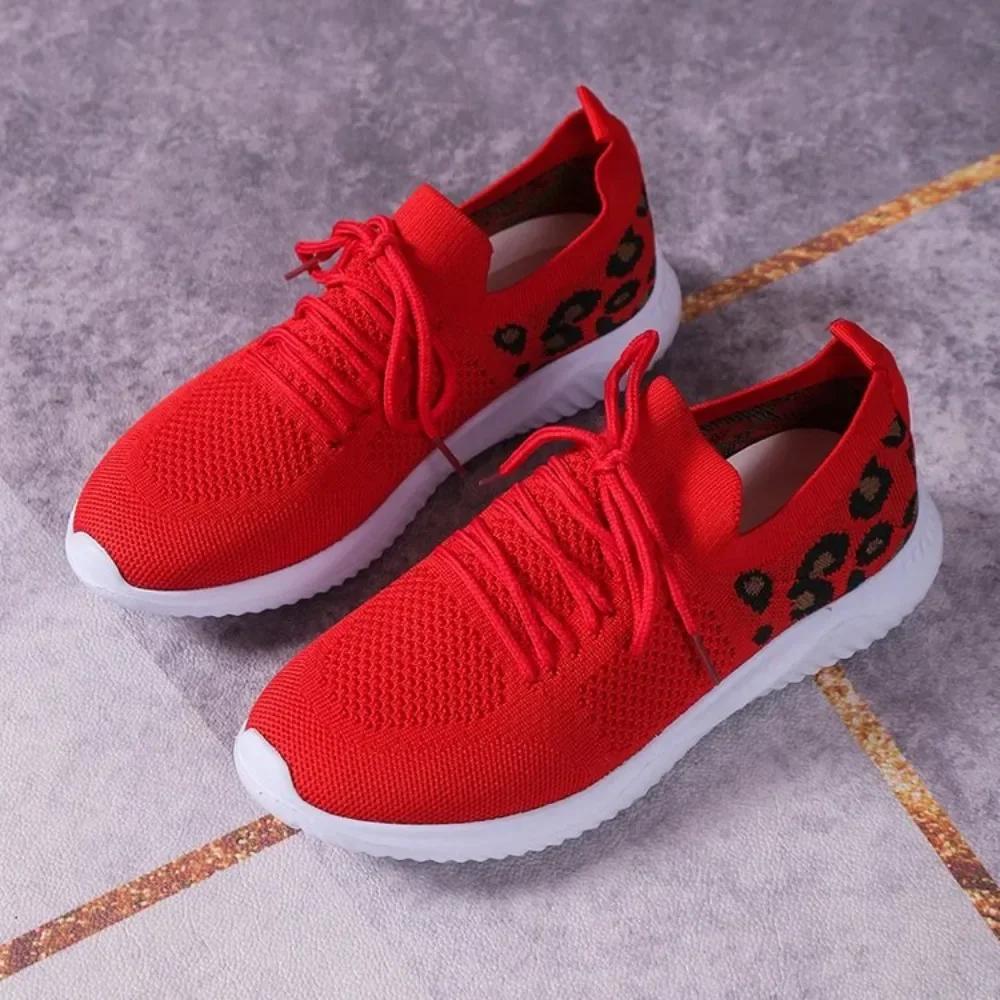 Leopard Print Breathable Mesh Sneakers Summer Women Lightweight Non Slip Knitted Flats Woman Comfortable Running Sports Shoes