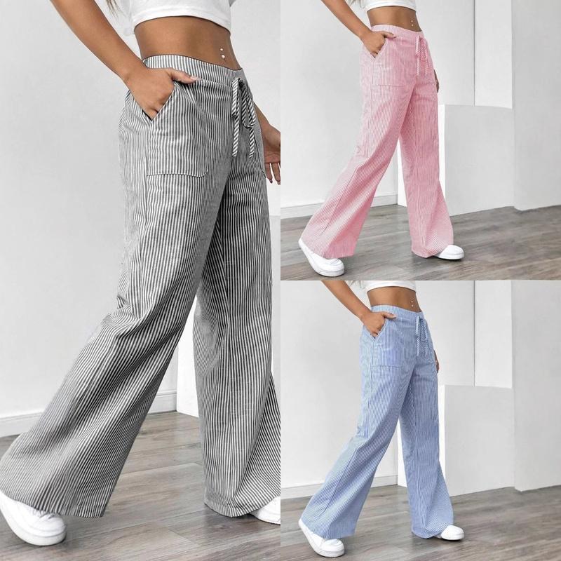 Women's Striped Wide Leg Pants Drawstring Waist Loose Fit Casual Trousers