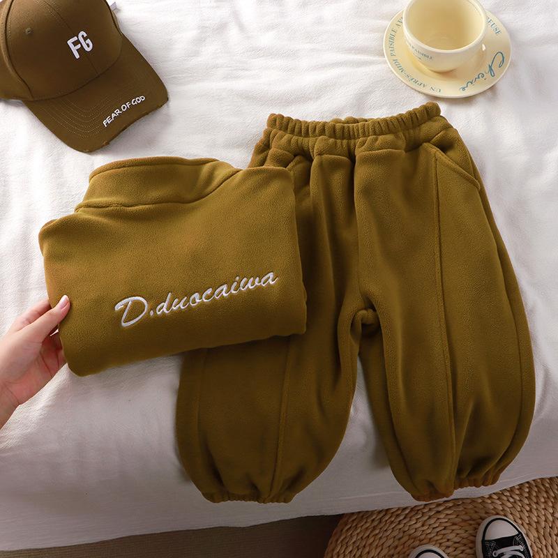 Осень и Зима Детский Флисовый Теплый Комплект Мальчики Девочки Утепленное Пальто+Брюки 2шт Осень Детская Повседневная Спортивная Одежда Костюмы С Длинным Рукавом