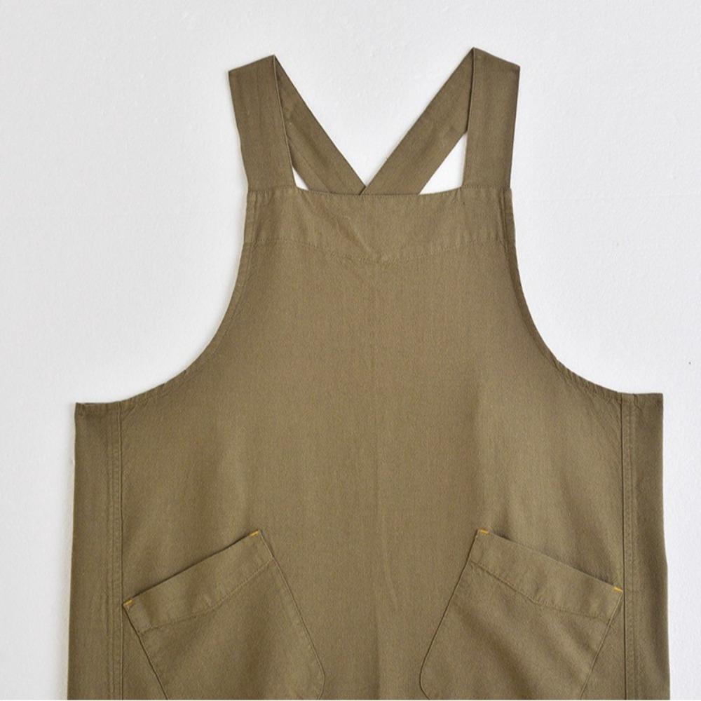 Cross Back Cotton Linen Apron with Pockets Gardening Work Apron Anti-dirty Pinafore Dress Baking