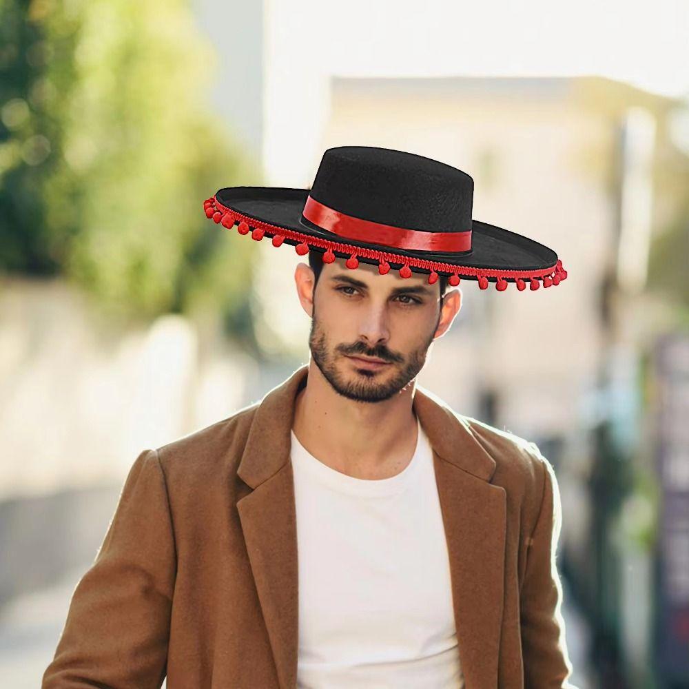Wide Brim Mexican Hat Costumes Fuzz Ball Spanish-style Hat Mexican Sombrero Hats Halloween