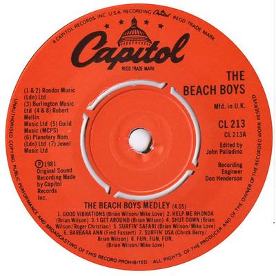7-дюймовая пластинка BEACH BOYS Beach Boys Medley CL213 CAPITOL 1981 UK Rock Б/у