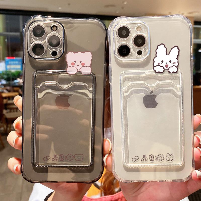 Чехол для телефона с милым медведем для iPhone 15, чехол для iPhone 11 12 13 14 16 15 Pro Max 7 8 Plus XR X XS SE, мягкая сумка для карт, прозрачный чехол