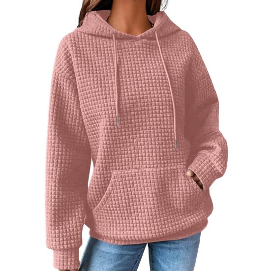 Осень-зима, женская однотонная толстовка с накладным карманом, цветная, свободная, на шнурке, с капюшоном, большая, толстая, теплая, с длинным рукавом, вафельная