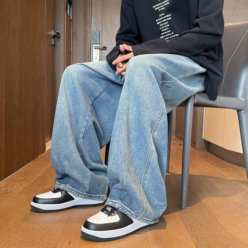 Джинсы мужские весенне-осенние трендовые свободные брюки прямого кроя модные простые широкие брюки