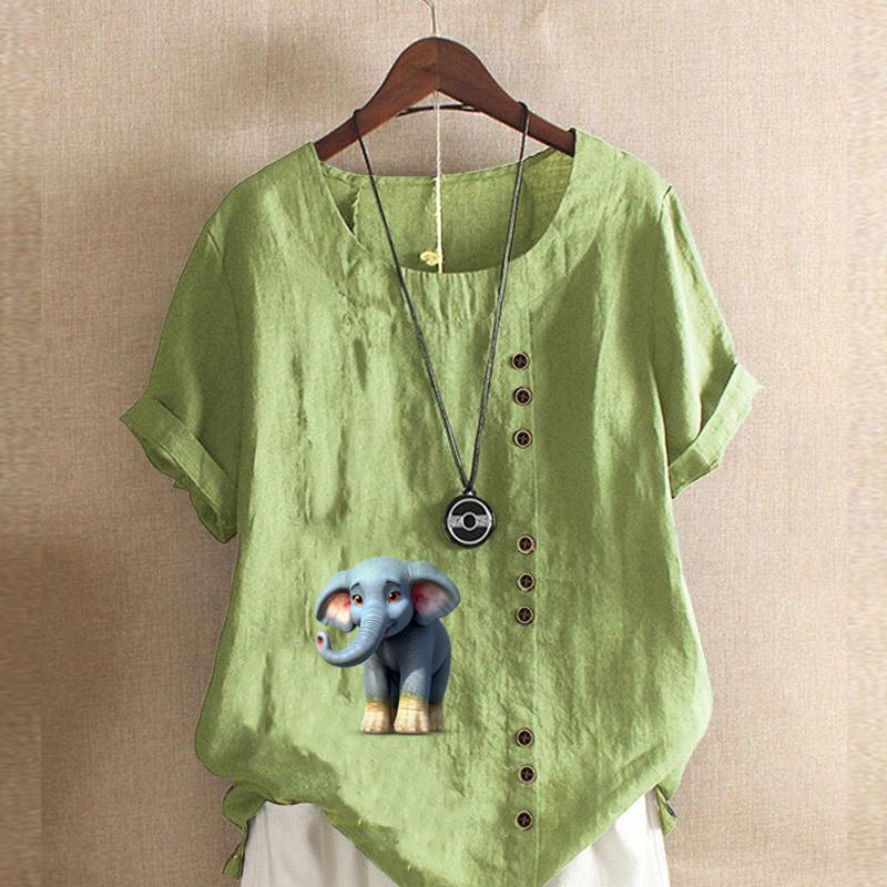 Women's New Fashion Linen Shirt Round Neck Short Sleeve Elephant Printed T-shirt Summer Ladies Casual Plus Size Blouse Tops
