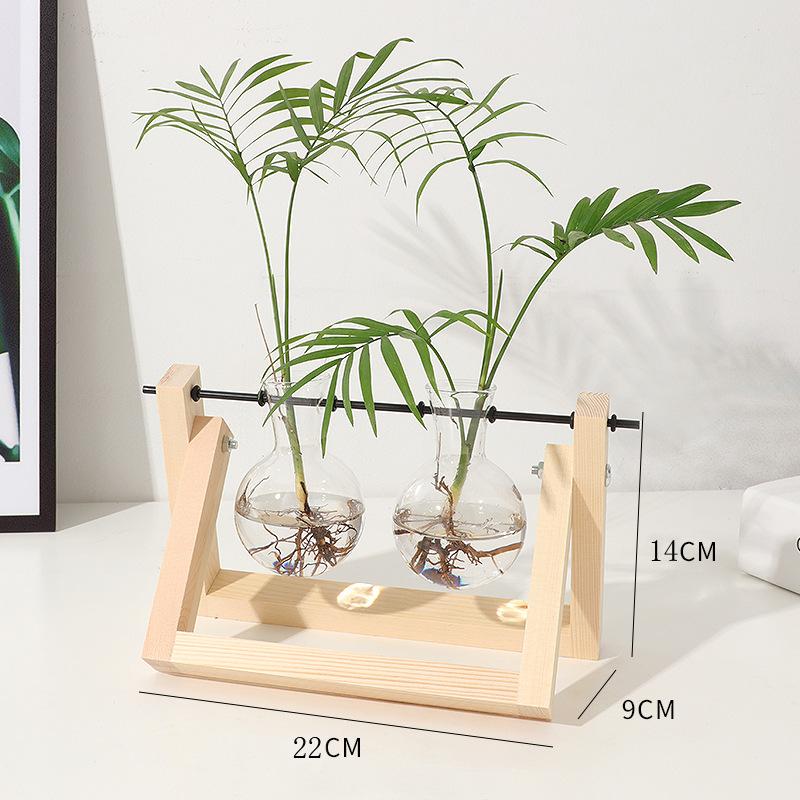 Hydroponic Vase Glass Transparent with Wooden Stand Creative Simple Desktop Green Plant Cultivation Container Home Decoration Or