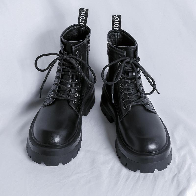 Модные мужские мотоциклетные ботинки в британском стиле, повседневная обувь с толстой подошвой, классические однотонные ботинки на шнуровке, обувь для отдыха на открытом воздухе и прогулок