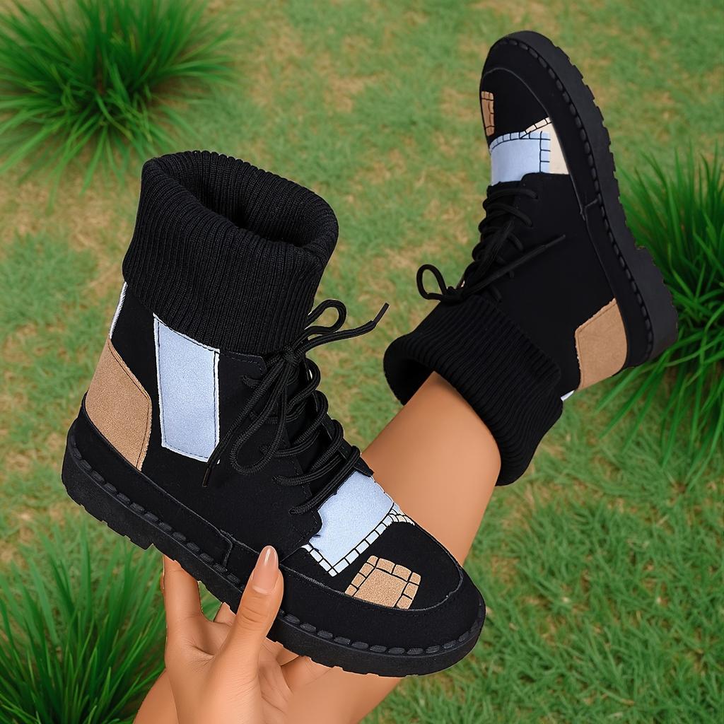 Beige & Blue Plaid Chunky Low Heel Lace-Up Ankle To Mid-Calf Booties - Round Toe Casual Winter with Sole & Fabric Upper