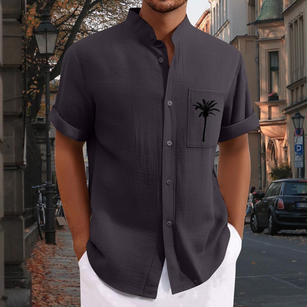 Men'S Casual Loose Fitting Short Sleeved Printed Shirt Fashion Standing Collar Top