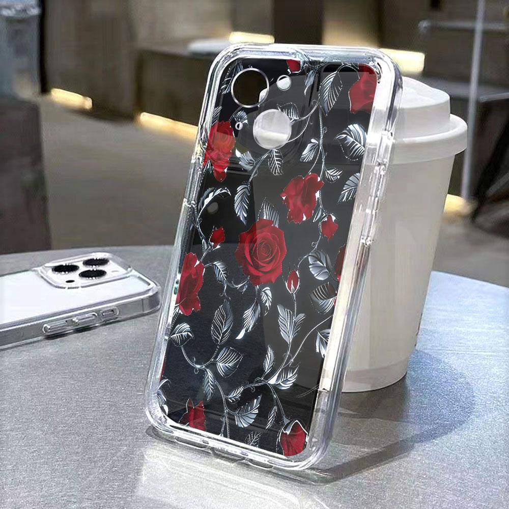 Red Roses with Silver Vines lucency Phone Case for IPhone 14 15 16 13 12 11 17 Pro Max 12 13 Mini Soft Cover