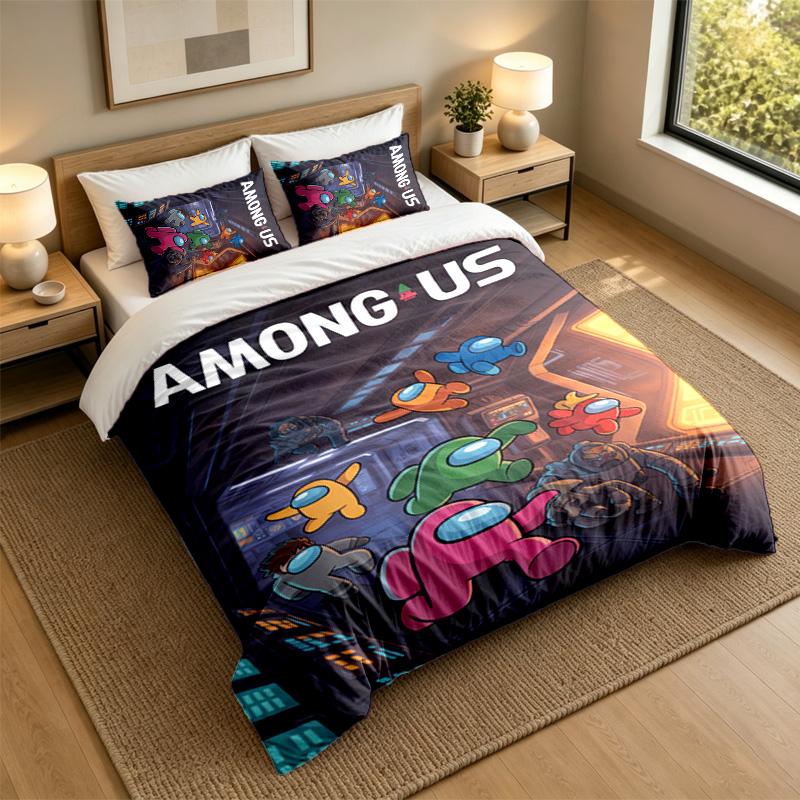 Soft Bedding Set Among Us Pattern, 1 Duvet Cover plus 2 Pillowcases Stylish Bedroom Home Textile