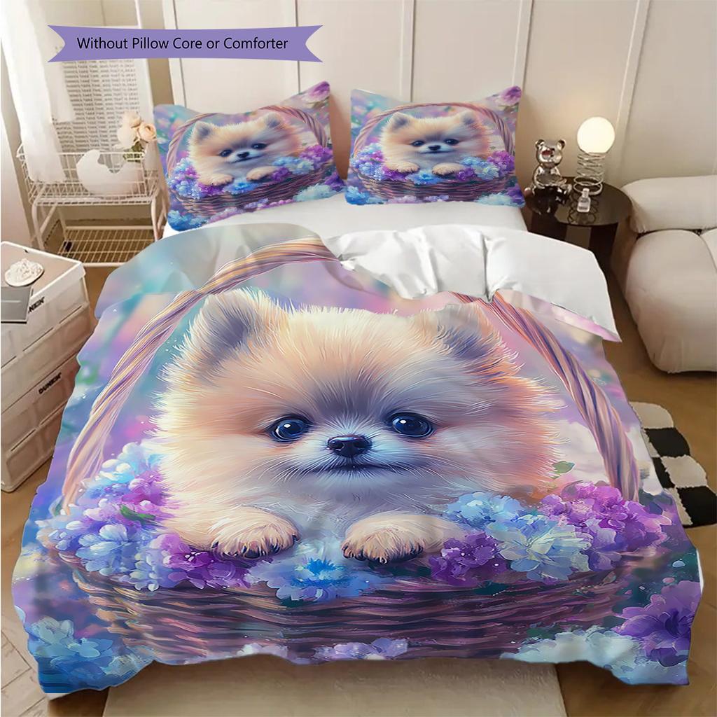 Pomeranian Pattern Bedding Quilt Set Quilt Cover Pillowcase Home Decoration Birthday Gift (1 * duvet cover + 2 * pillowcase, without core)