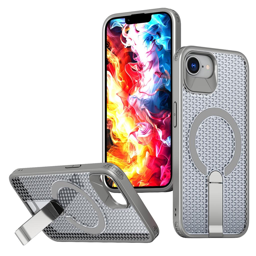 For iPhone 16e Magnetic Case Kickstand Grid Texture TPU PC Phone Back Cover