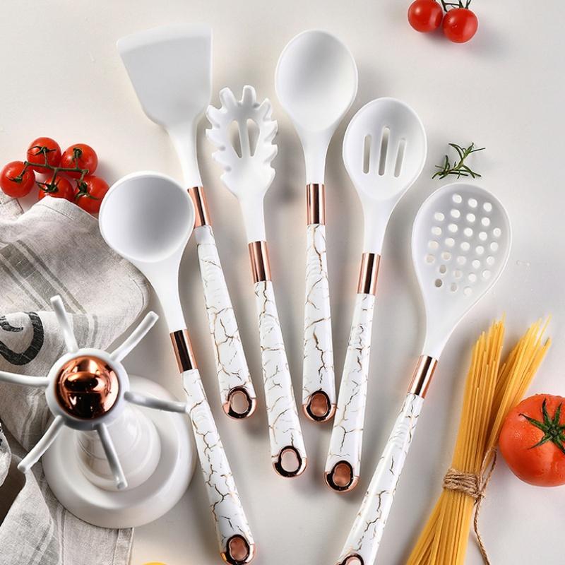 7 PCS Silicone Cooking Kitchen Utensil Set Wooden Handle Kitchen Baking Tools Kitchenware Accessories Storage Bucket