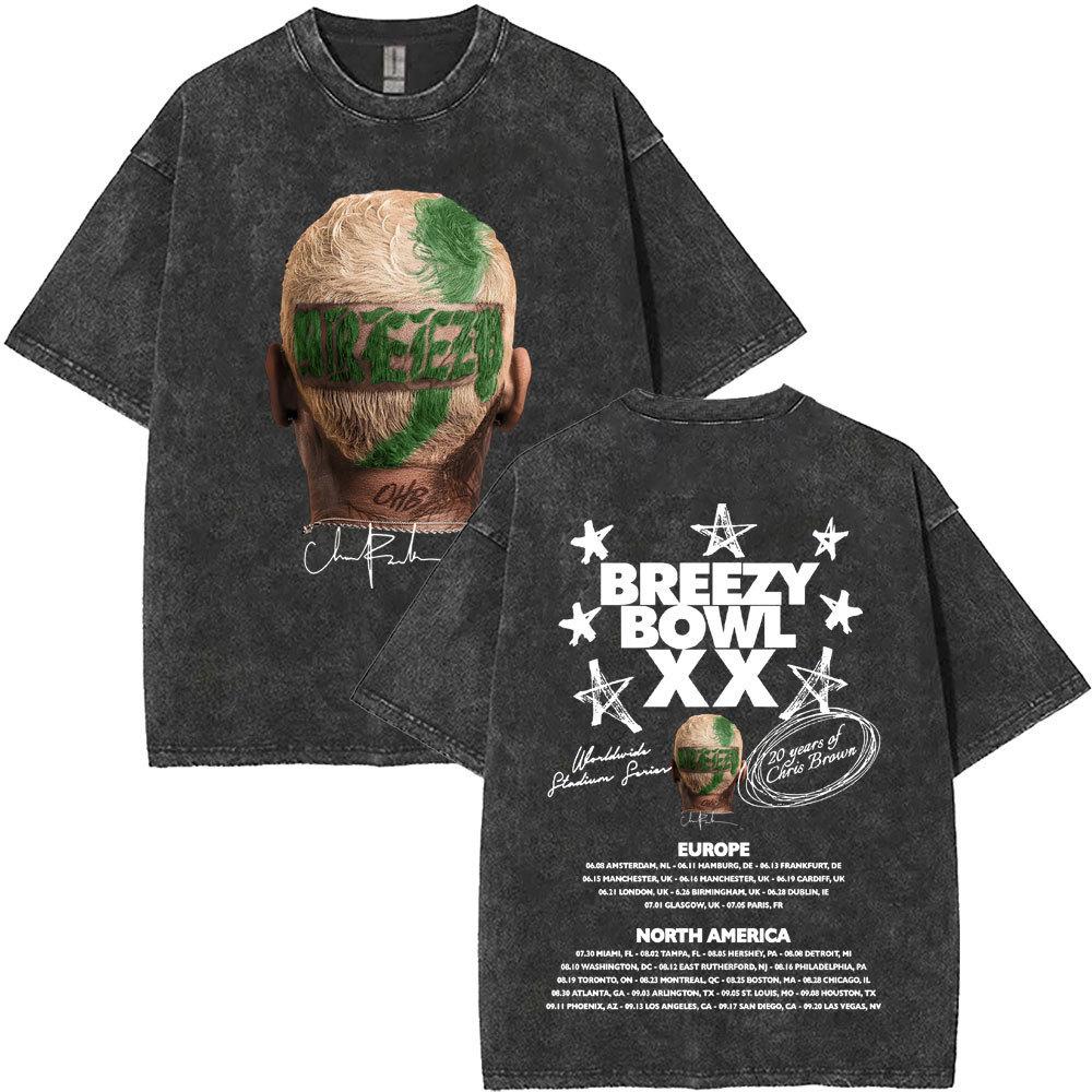 Washed Chris Brown Breezy Bowl Xx Tour T-Shirts Men Hip