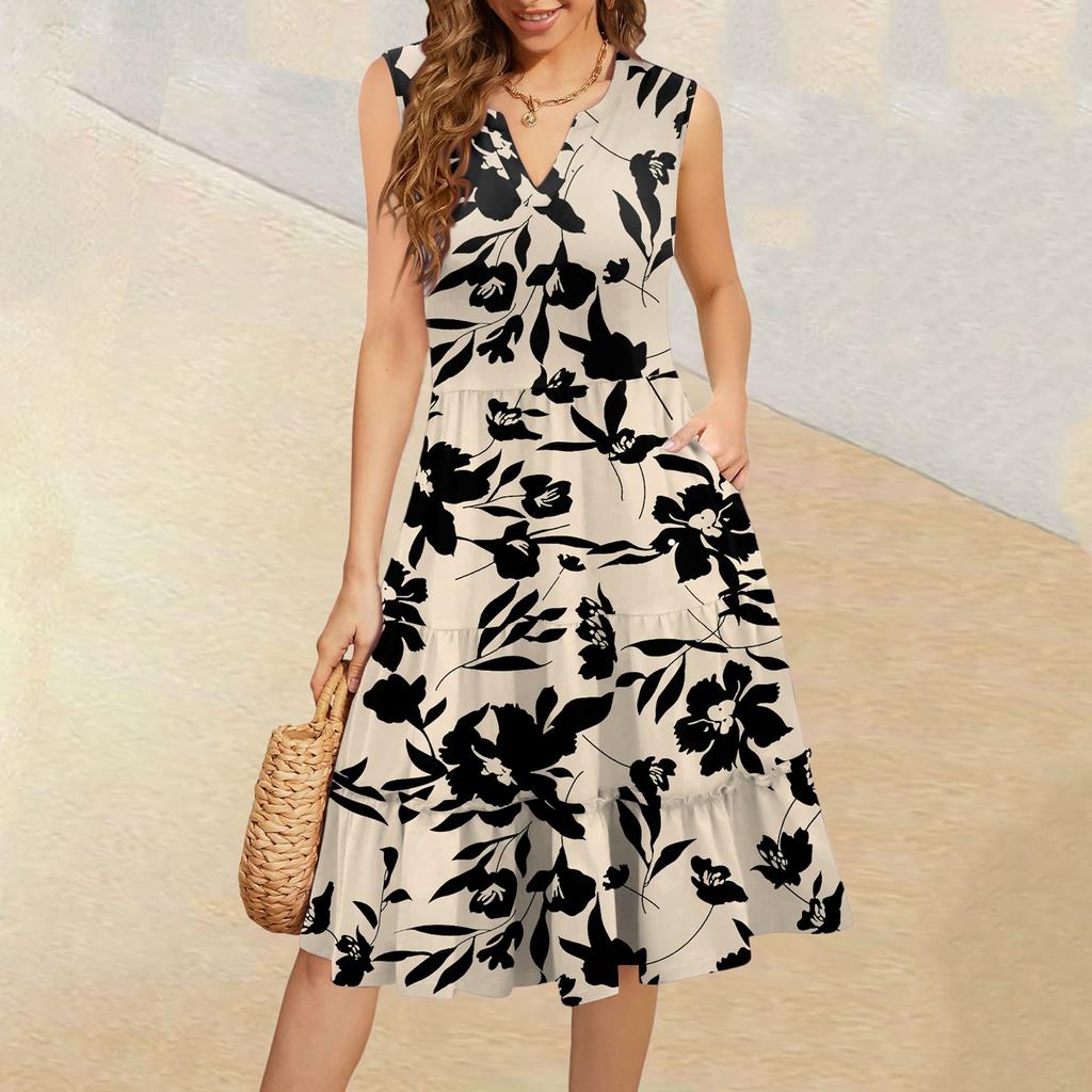 Женские летние повседневные платья без рукавов с V-образным вырезом и плиссированными оборками в винтажном стиле с цветочным принтом