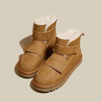 Зимние ботинки женские из коровьей замши с мехом, однотонные, с круглым носком, с петлей на плоской подошве, зимние женские туфли