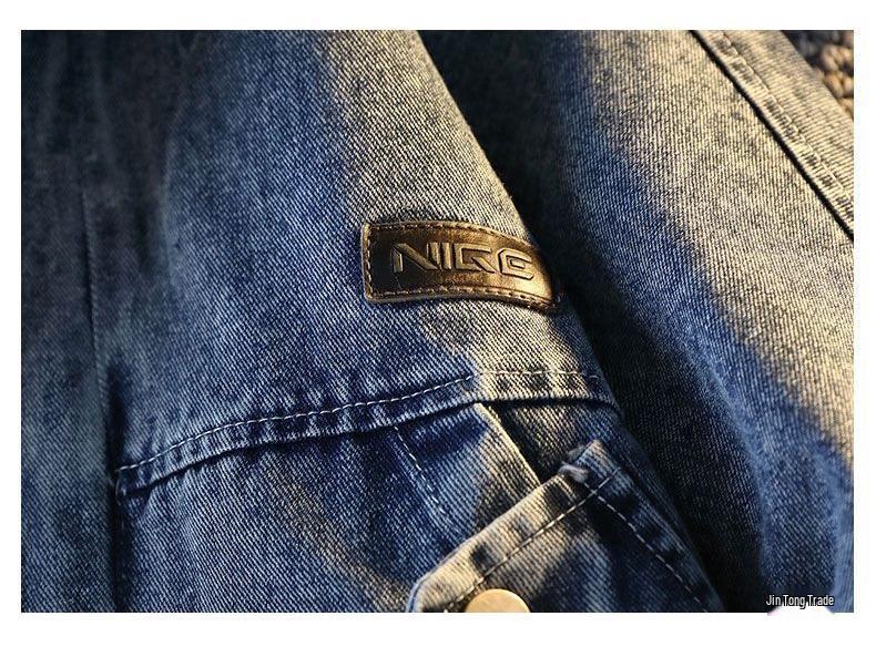 Модная мужская джинсовая куртка с клетчатыми вставками 2025 - Имитация двубортной куртки с отложным воротником для весны и осени