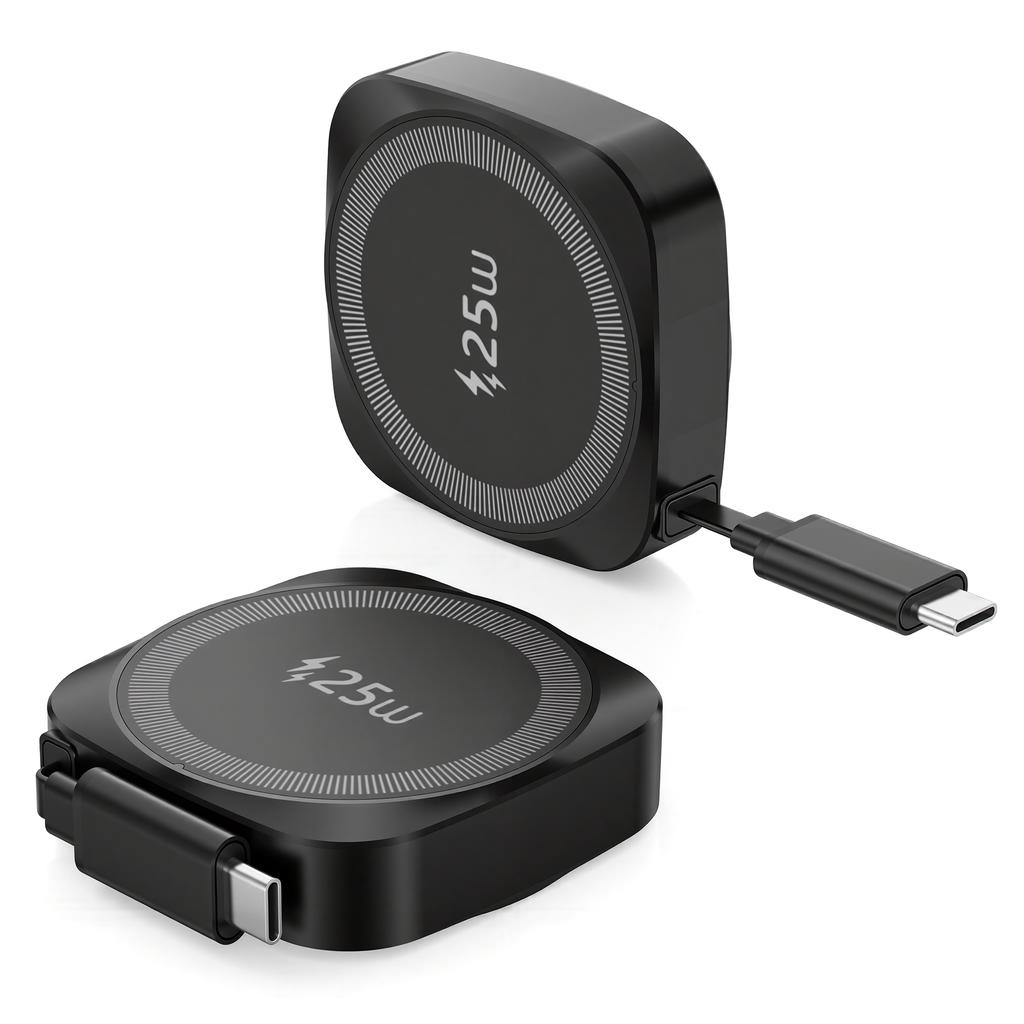 25W Pocket Magnetic Wireless Charger for iphone 16 /17 Type c Charging Adapter with Retractable Cable CE RoHS FCC Certificated
