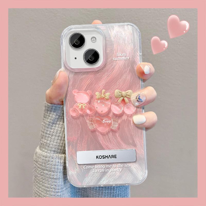 Suitable for Apple 15 Mobile Phone Case Summer Iphone14 Peach Doll Stand 13 Feather Yarn 12 High-end Sense Chain 11