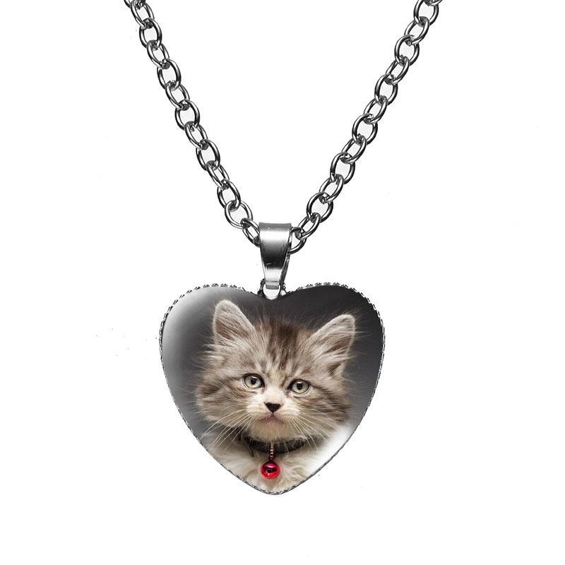 Женская мода милый питомец котенок стеклянный кабошон сердце форма ожерелье кулон ожерелье ювелирные изделия аксессуары подарки