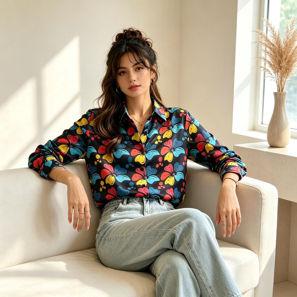 Women Bright Floral Print Satin Lapel Long‑Sleeve Shirt, Smooth Drape Fabric, Suitable for Office Commute, Daily Shopping and Casual Dat