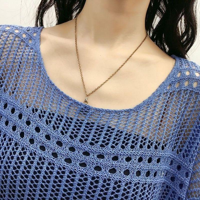 Female Hoodie Leisure, Elegant, Sexy Spring Hollow Round Neck Short Sleeve Knitted Top Summer Short-sleeved Hollowed Out Knit Shirt