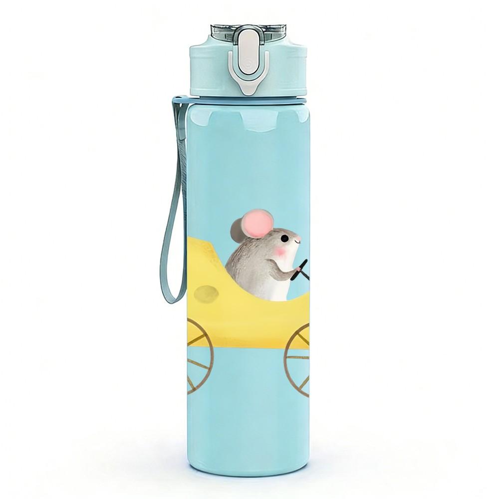 1PC Mouse In Cheese Cart Cartoon Print 750ml Color Plastic Sports Water Bottle Leakproof Flip Straw Lid Suitable for Sports Office Home Use
