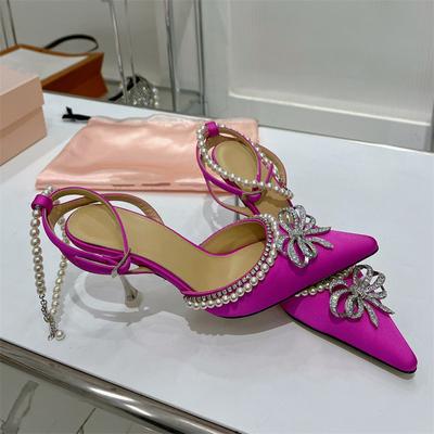 Брендовые иллюзорные цветные сандалии с жемчужной цепочкой и стразами и бантом, новые летние женские туфли в форме чашки вина на высоком каблуке 9,5 см