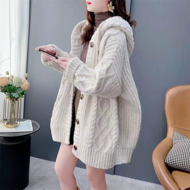 Hooded Sweater Cardigan Female Autumn and Winter Retro Solid Color Elastic Warm Loose Medium-length Knitted Jacket