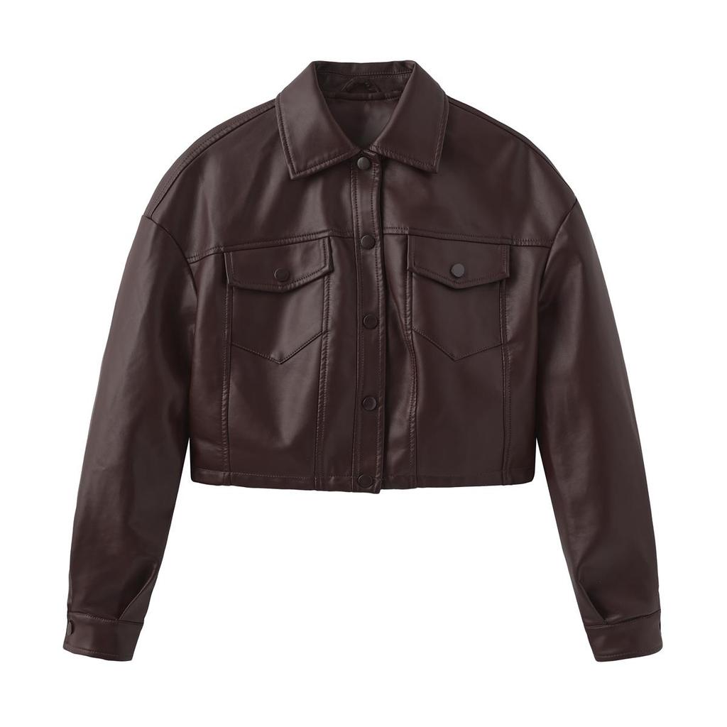 Women’s Jackets Faux Leather Long Sleeves Single Breasted Crop Top Punk Jacket Short Motorcycle Coat Fashion Out Wear