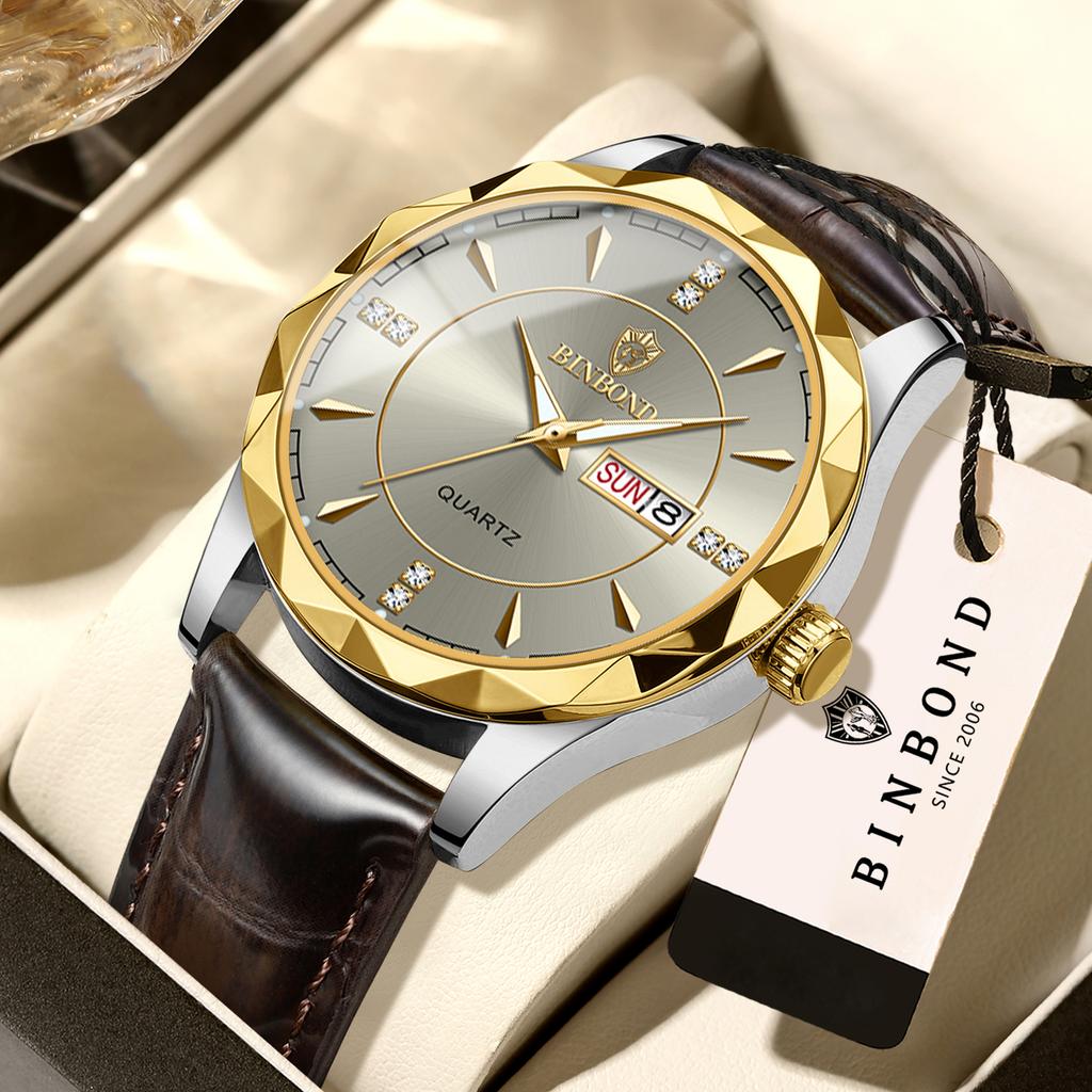 BINBOND Luxury Quartz Wristwatches Luminous Waterproof Auto Date Week Display Men's Watch Durable Leather Sport Casual Reloj