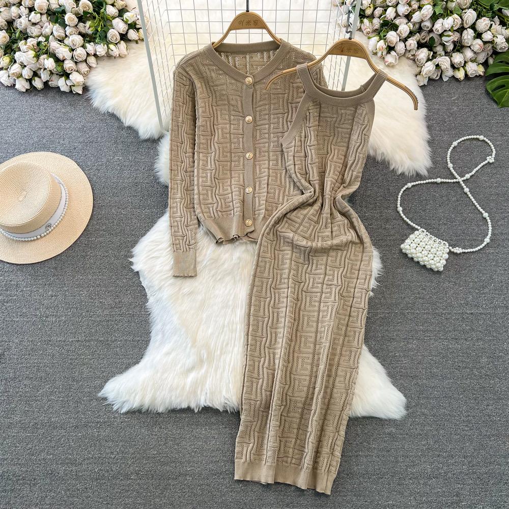 Весенне-осенний брендовый дизайнерский наряд для подиума, женский вязаный свитер, платье-футляр миди и однобортный пиджак, пальто, комплект из двух предметов