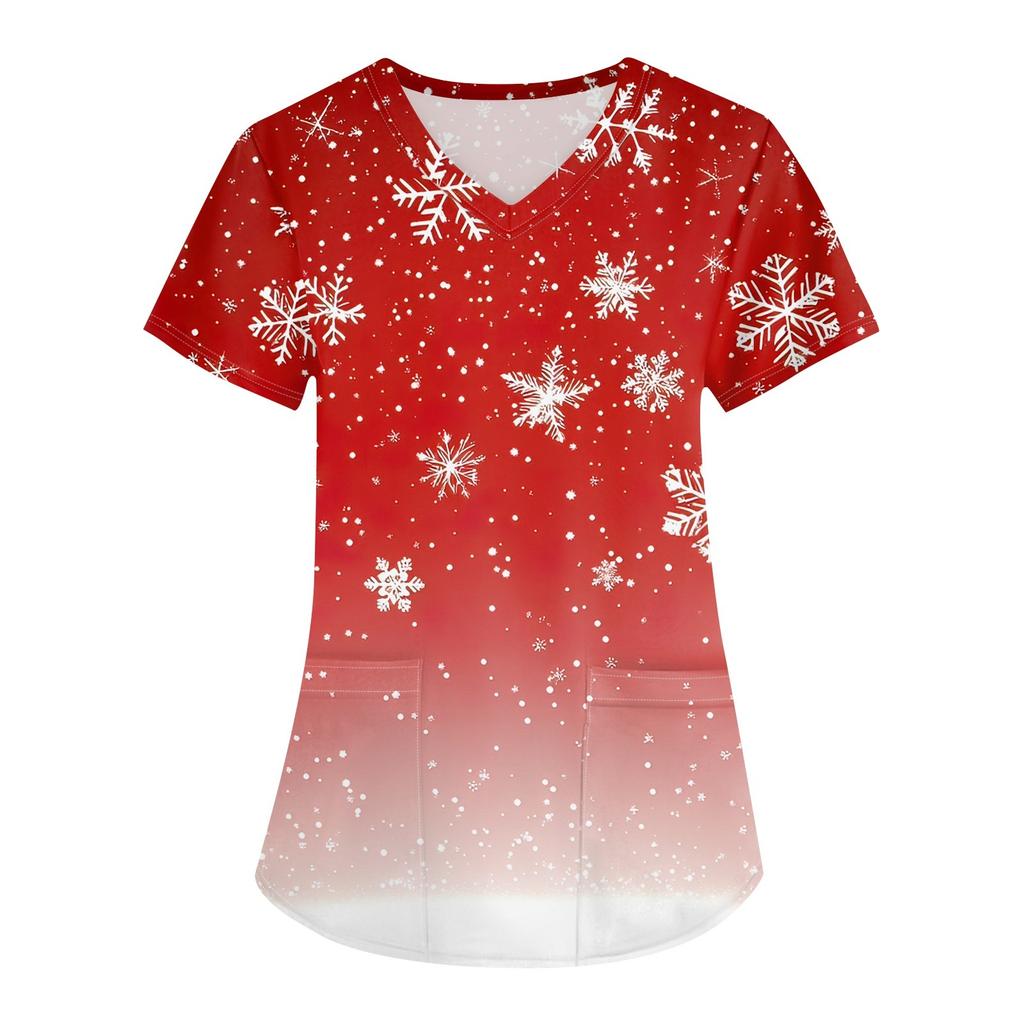 Женская мода с v-образным вырезом, короткими рукавами и карманами, топы с рождественским принтом