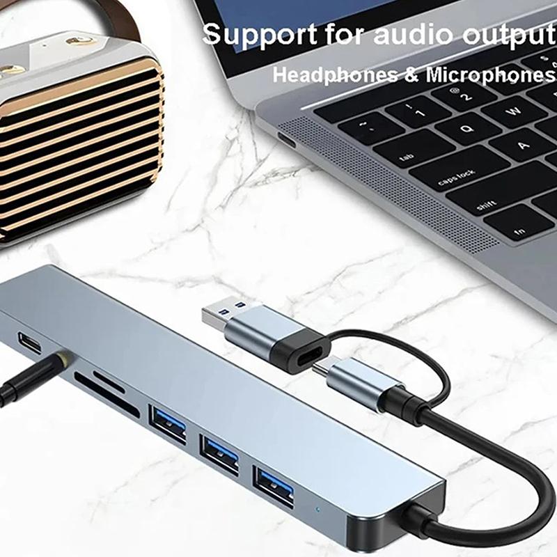 USB C Хаб USB Разветвитель 8 в 1 USB Удлинитель с 4 USB портами 1 портом USB-C Картридер TF/SD Аудиовыход Совместим с Macbook