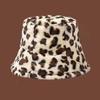 Leopard Print Fisherman Cap Plush Panama Hat Outdoor Basin Sun Cap  for Women