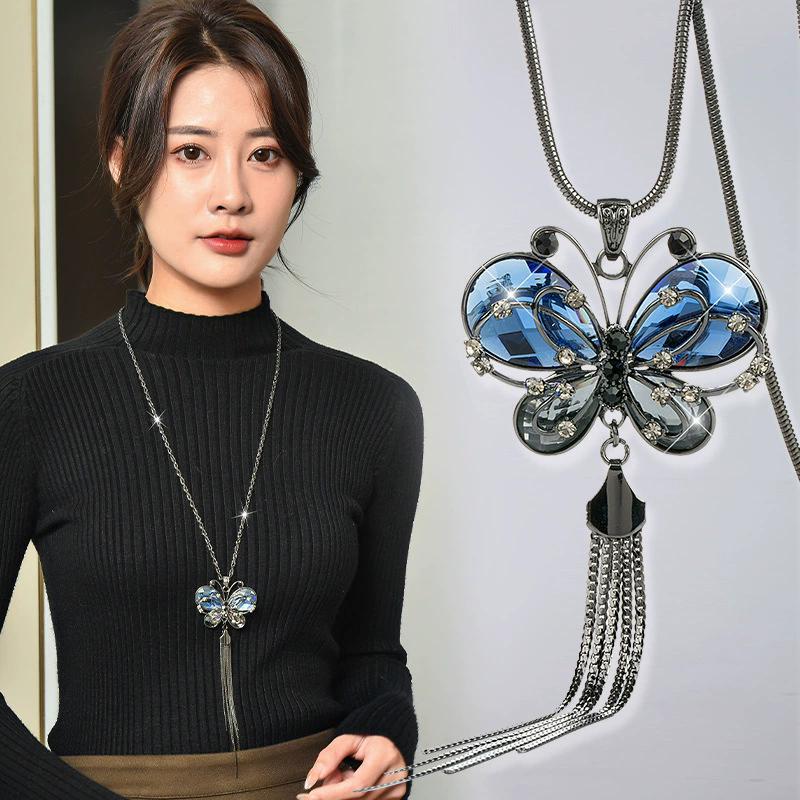 Модное длинное ожерелье с бабочкой-опалом, цепочка для свитера, металлический кулон с кристаллами, ожерелья, аксессуары на шею, модные ювелирные изделия для женщин