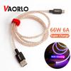VAORLO Newest RGB Glowing Charging Cable 66W 6A Type-C Super Charge USB Phone Cable For Micro Lighting Fast Charge For Iphone Xiaomi
