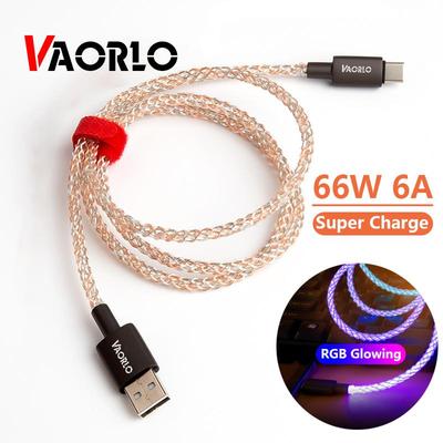 VAORLO Новейший светящийся зарядный кабель RGB, 66 Вт, 6 А, Type-C, USB-кабель для телефона с супер зарядкой для микро-освещения, быстрая зарядка для iphone Xiaomi