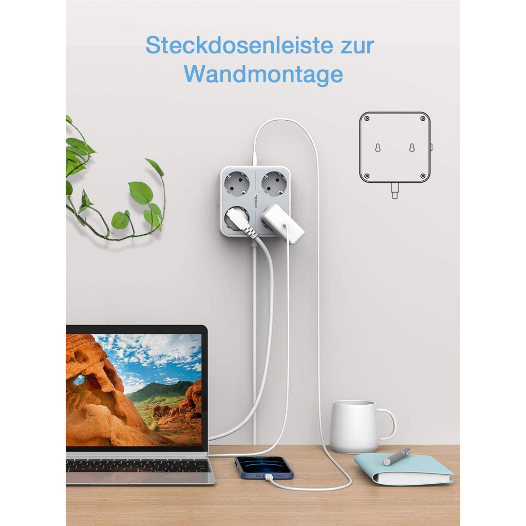 Tessan Удлинитель с несколькими розетками европейского стандарта и USB-портами, удлинительный кабель длиной 2 м, европейская многоконтактная электрическая розетка для дома