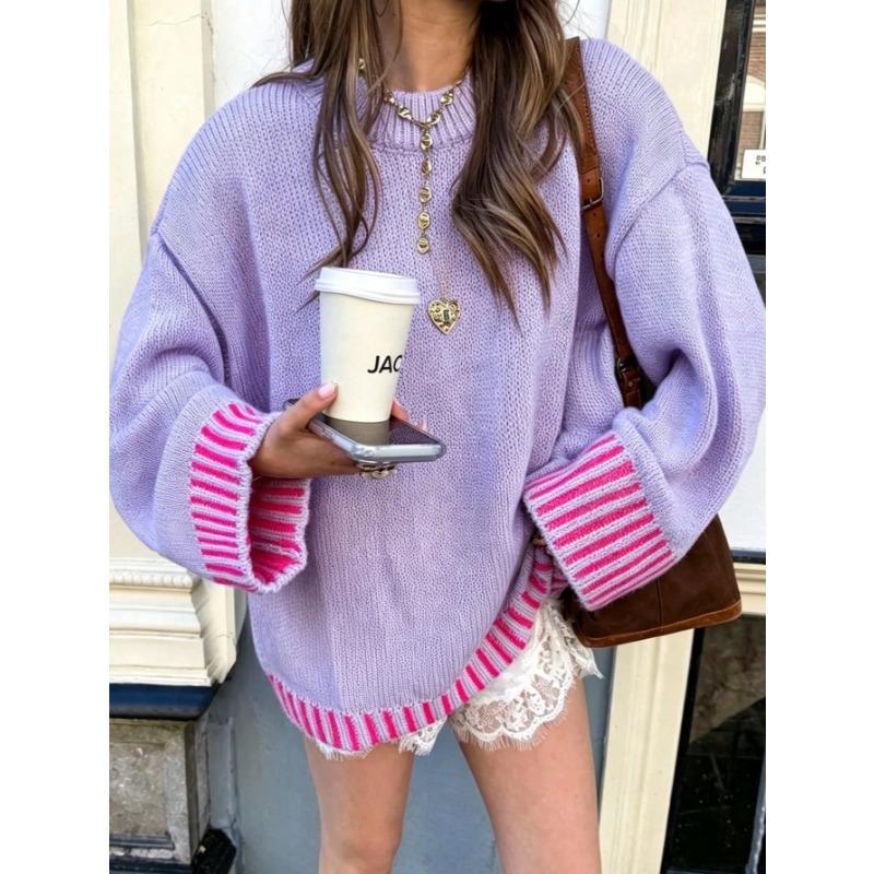 Women S Loose Fit Round Neck Long Sleeve Pullover Sweater Pink Purple Lazy Style