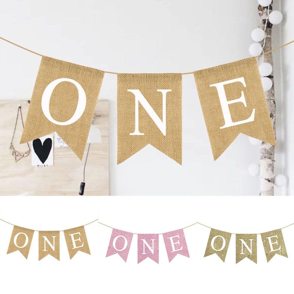 Festive Burlap ONE Garland Paper Baby First Party Decoration Chair Flag Banner Baby First Birthday