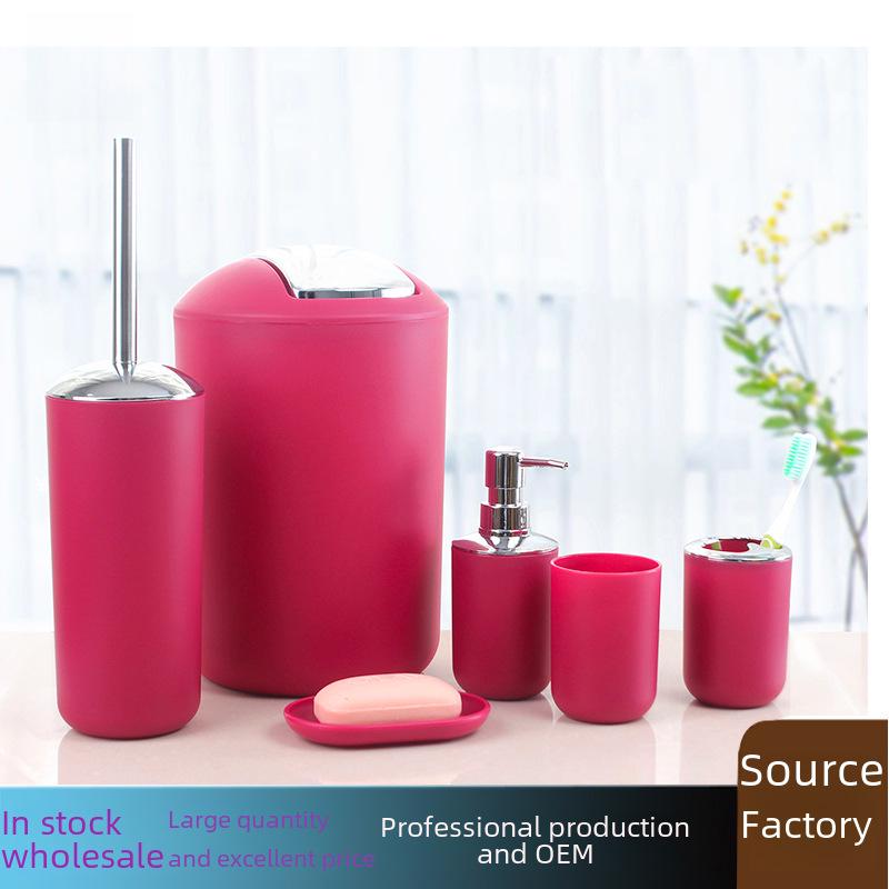 6-Piece Bathroom Set: Trash Can, Toilet Brush, Lotion Bottle, Toothbrush Holder, Soap Dish, and Countertop Decor.