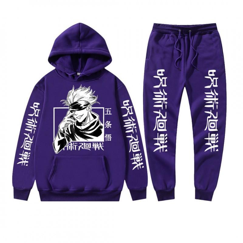 Mens Winter Hooded Sweatshirt Set With Jujutsu Kaisen Gojo Satoru Print Thick Casual Streetwear Tracksuit