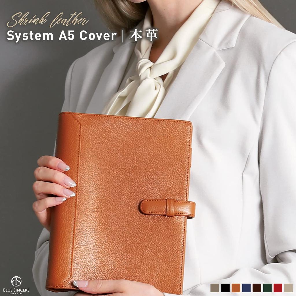 A5 Size Systemy2 STC2 Genuine Leather Hole Planner Cowhide Leather with Pen and Card Pockets [BLUE SINCERE] (Retro Camel) - 6-Ring Cover,