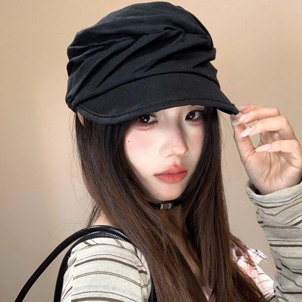 Ins Japanese Linen Berets Pleated Versatile Newsboy Hats Classic Soft Peaked Caps Women